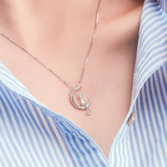New Cat On Silver or Gold Crescent Moon Necklace - Picture 3 of 5